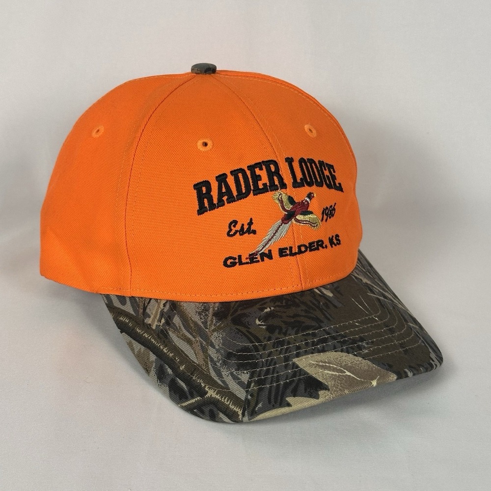 Rader Lodge Glen Elder, KS Camo Hunting Hat Blaze Orange Cap Richardson 883